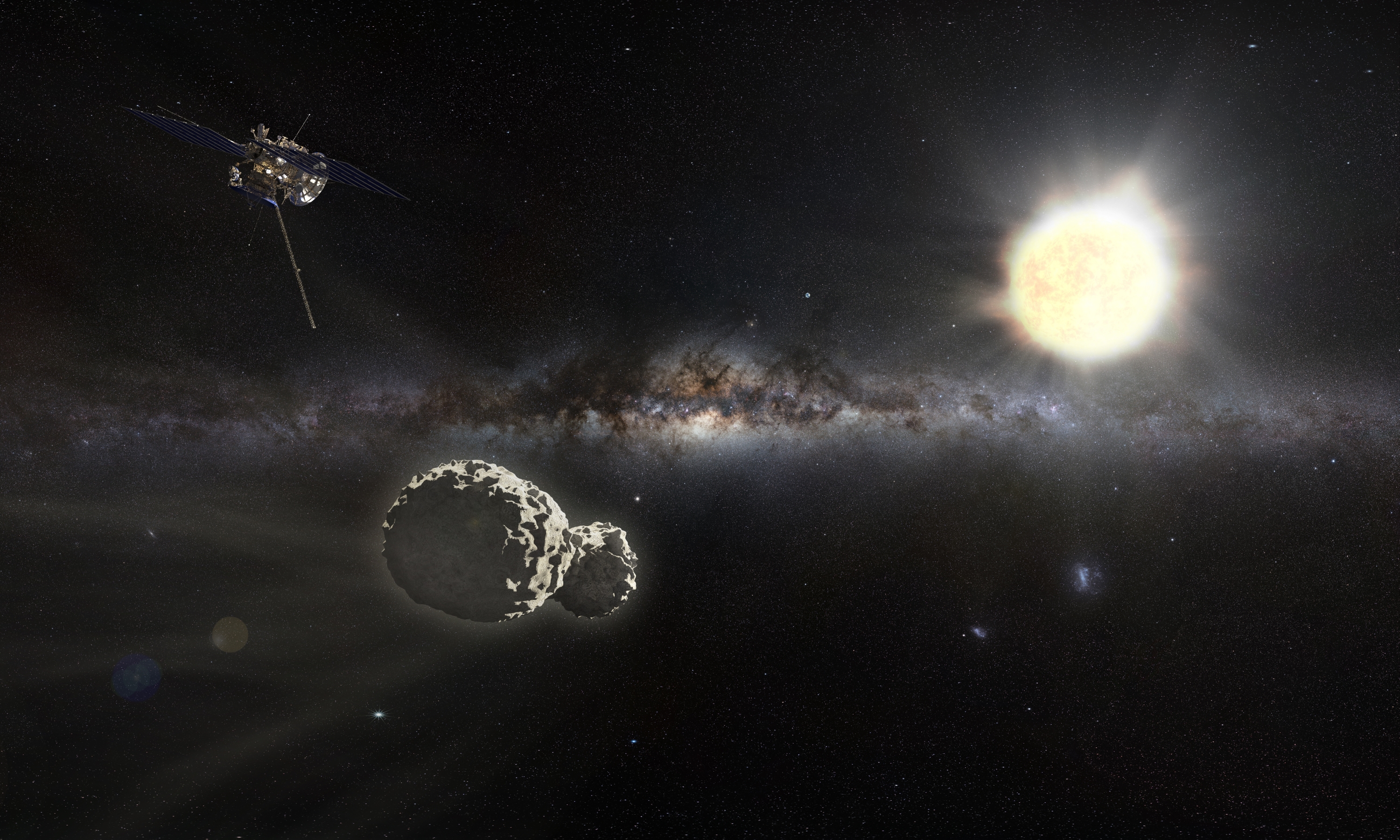 Rosetta and Philae Comet in space with sun in the background