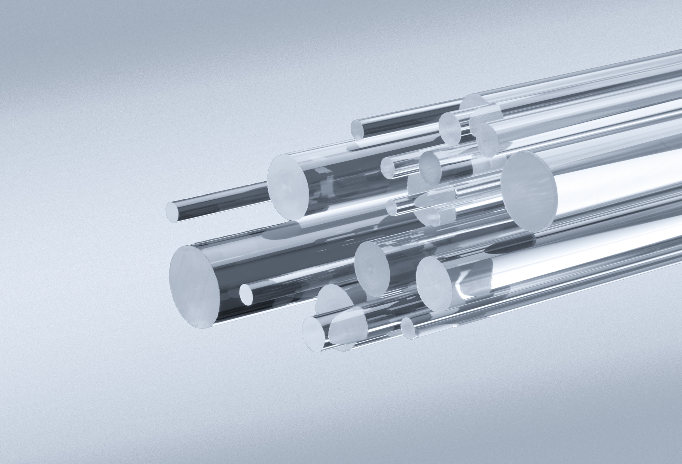 Fused Silica Rods A photo of many sizes of solid fused silica rods